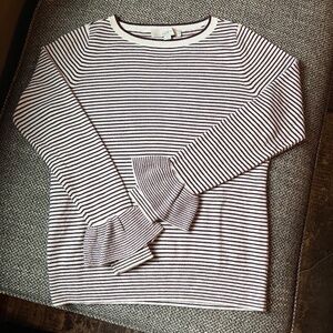 LOFT Crew Neck Striped Sweater with Ruffled Cuffs